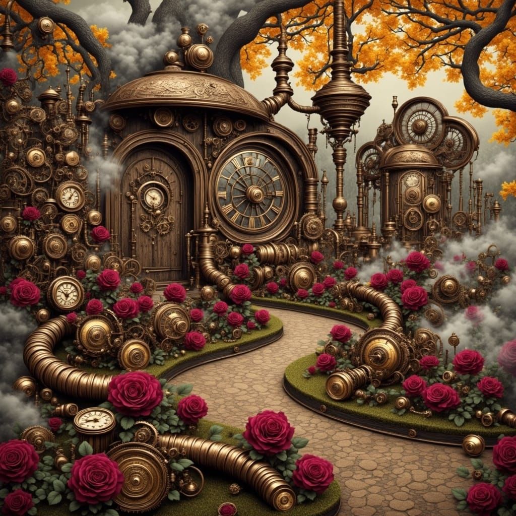 Steampunk Whimsy in a Burgundy Rose Garden