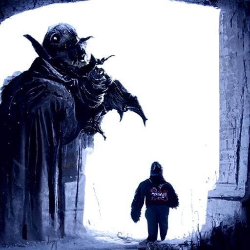 Hooded Man Confronted by Giant Bat in Doré Style