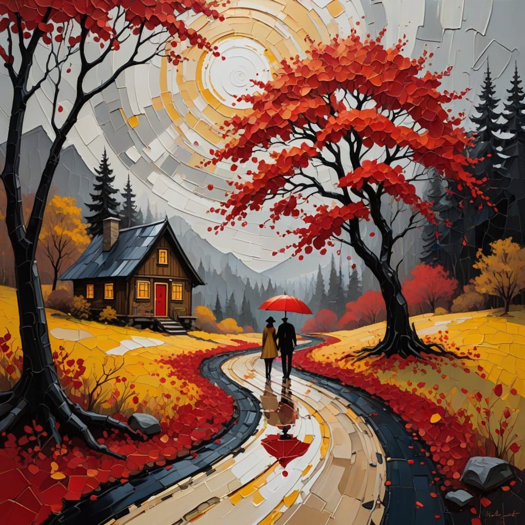 Vivid Red Tree in Abstract Oil-on-Canvas Landscape