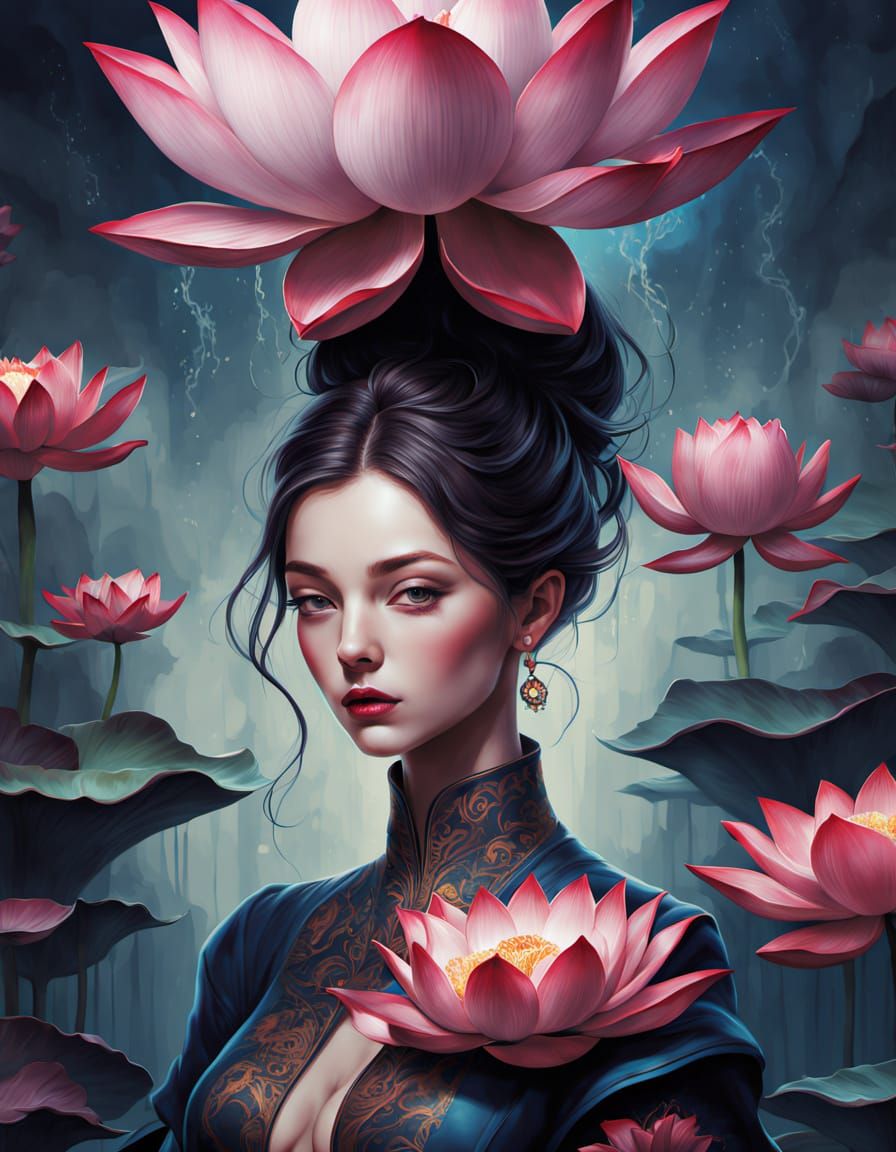 Lotus Flower Portrait in Deep Color Digital Art