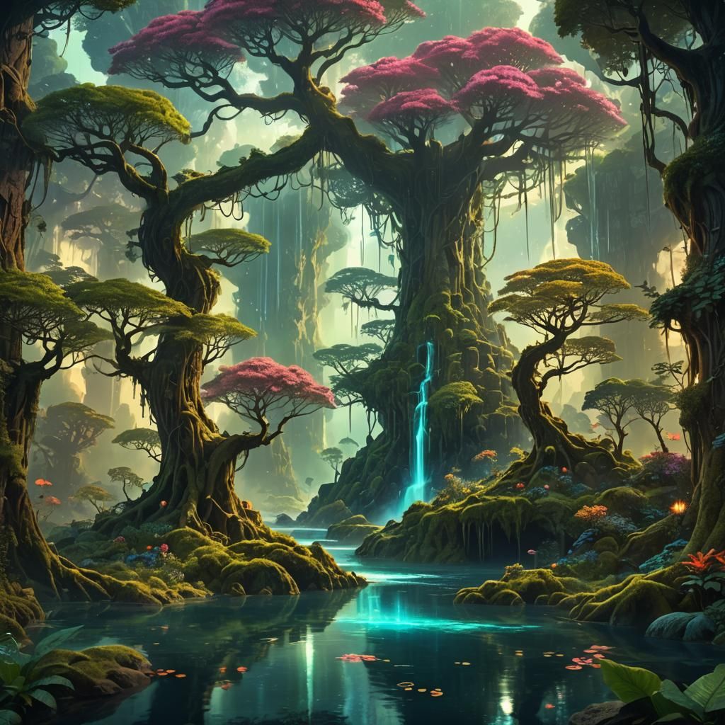 Mystical Forest Landscape with Floating Islands