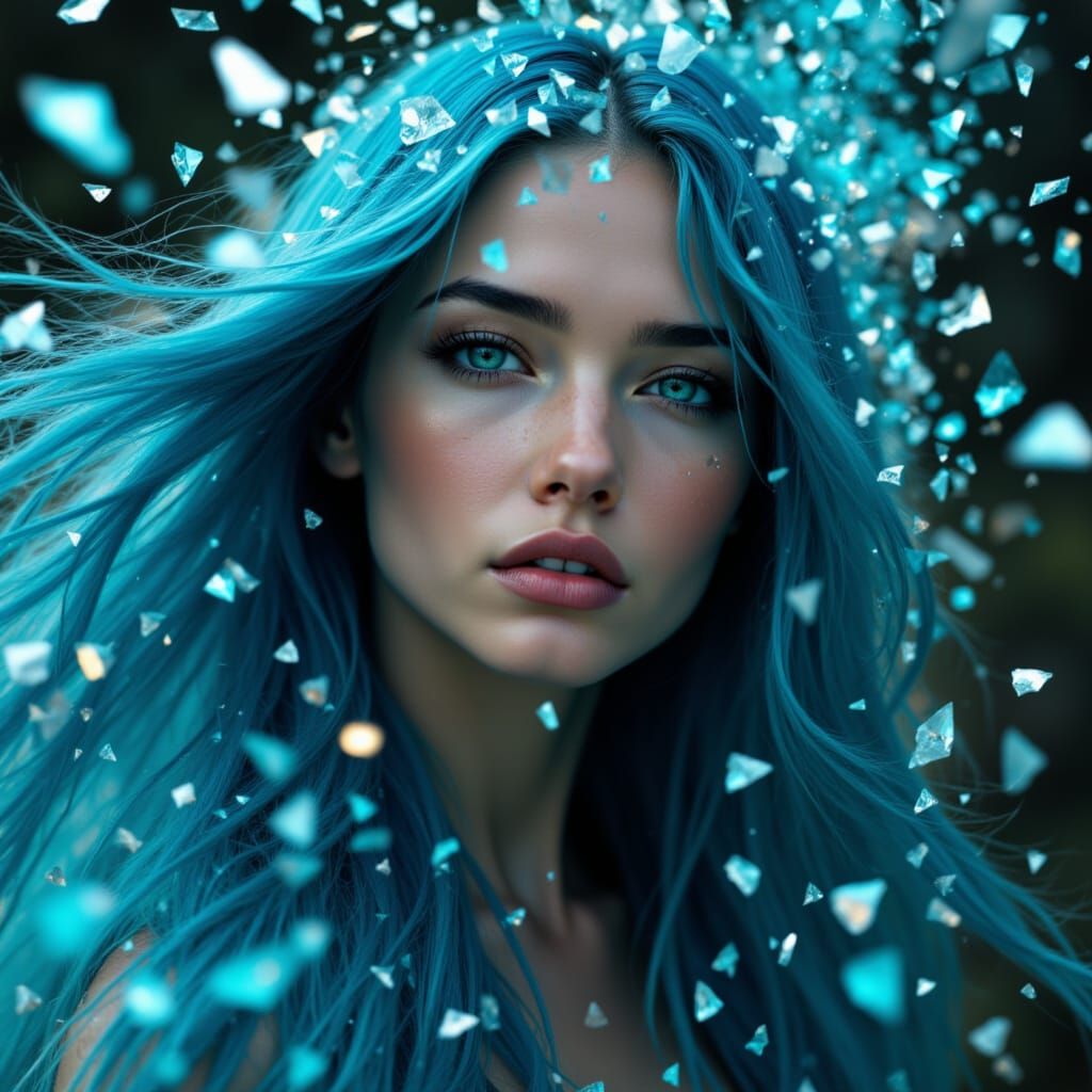 Blue Hair Woman Dissolving into Teal Shards