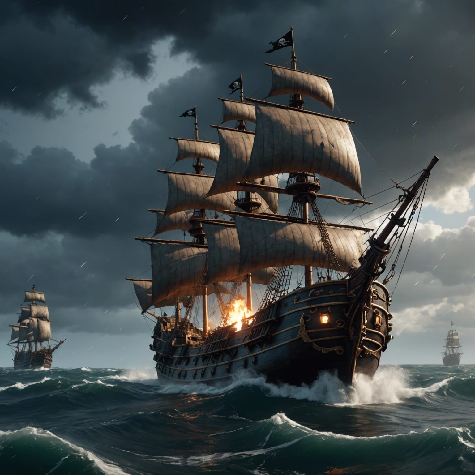 Pirate Ship Amidst Storm in Cinematic 3D Render
