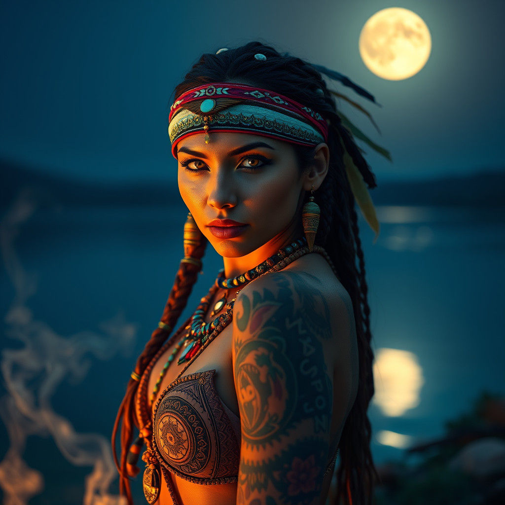Native American Woman with Yellow Eyes by Moonlit Lake