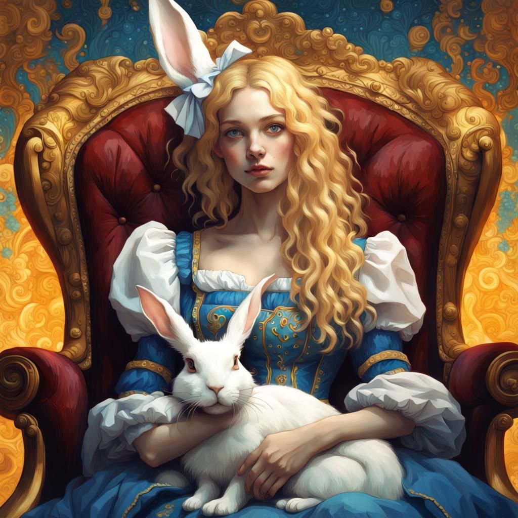 Alice and White Rabbit, Klimt-Inspired Portrait
