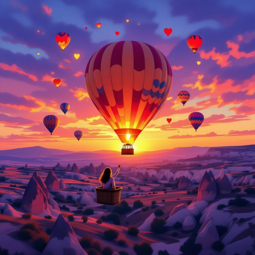Romantic Hot Air Balloon Sunset Over Cappadocia with Falling...