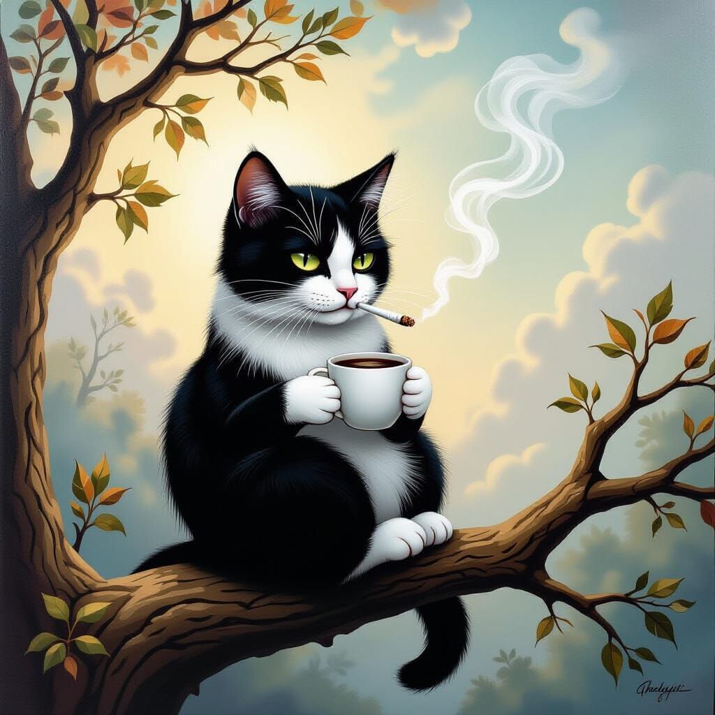 Surreal Cat Smoking and Drinking Coffee on Tree