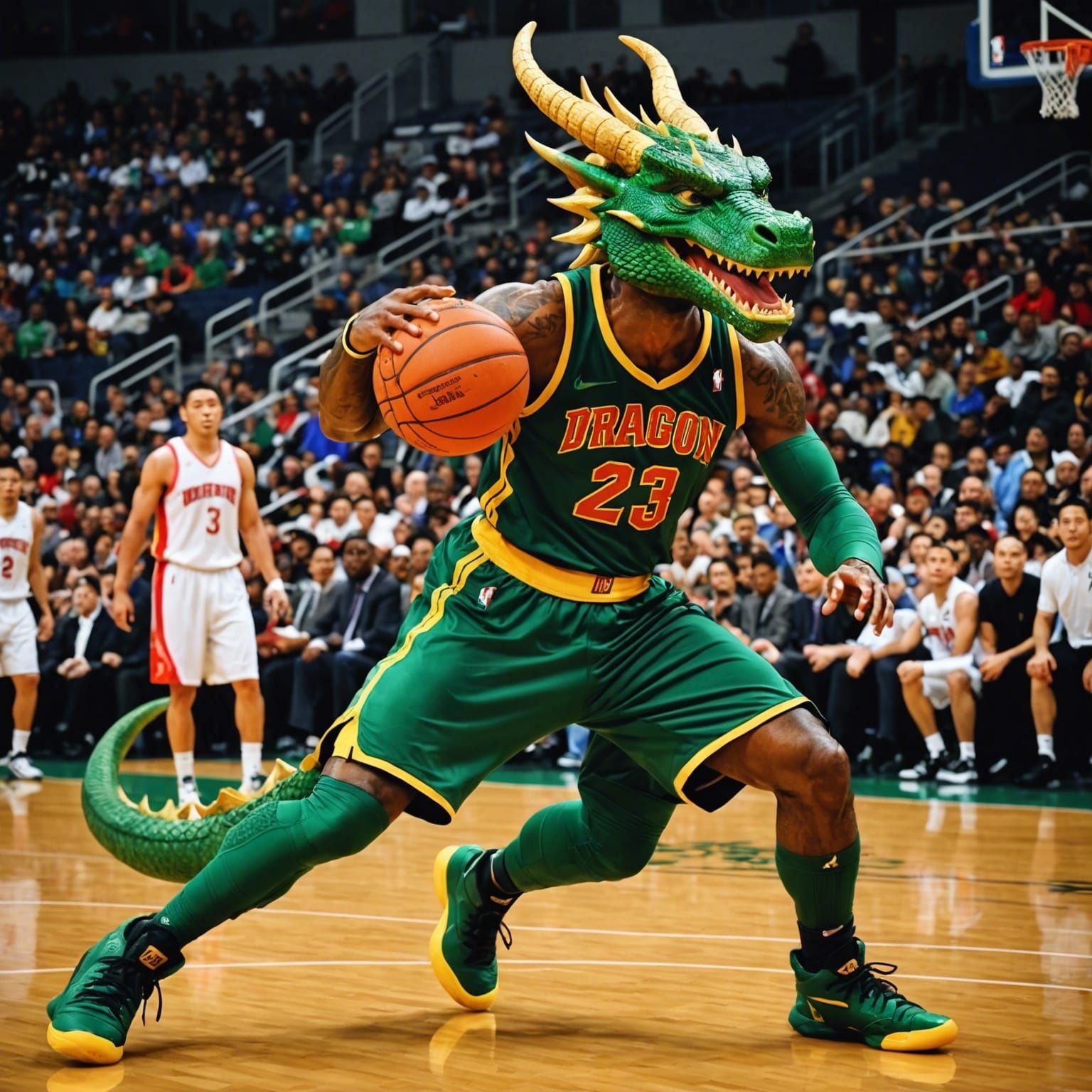 Human-Dragon Basketball Team in Gymnasium
