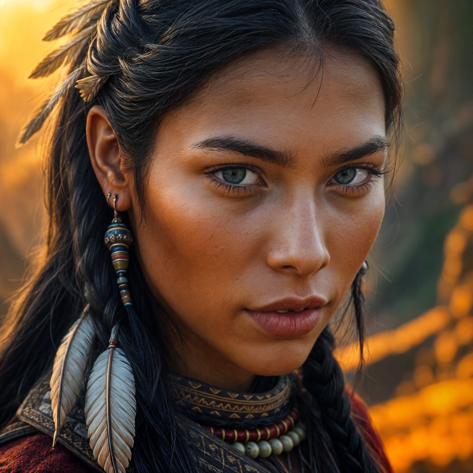 Native American Woman in Tribal Attire at Golden Hour