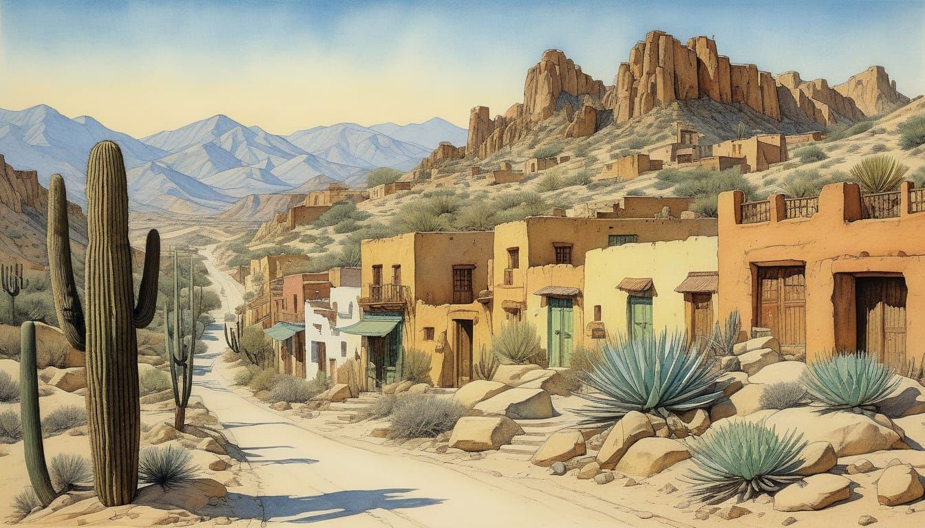 Desert Town with Cactus, Watercolour Painting