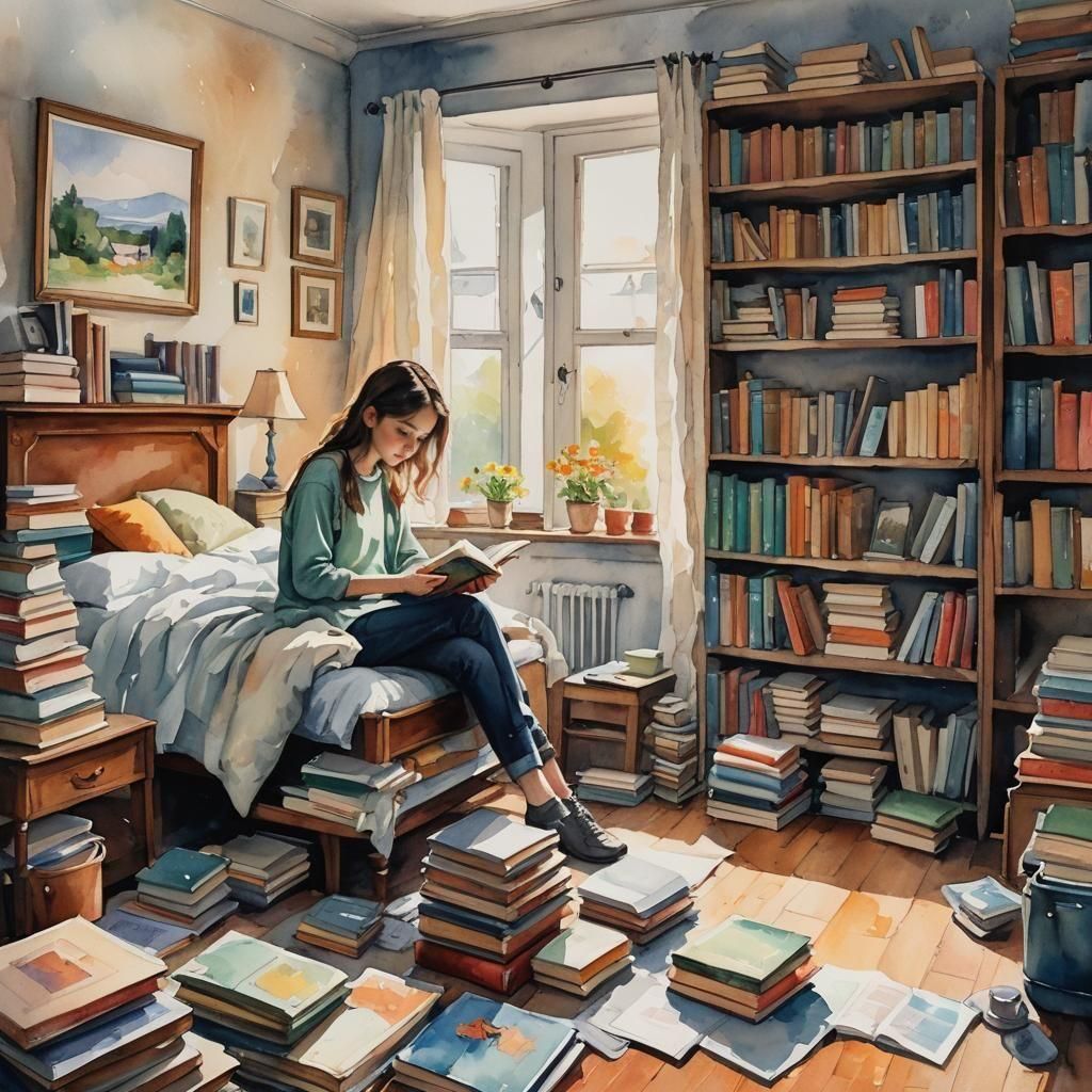 Girl Reading in Bedroom: Oil and Watercolor Painting