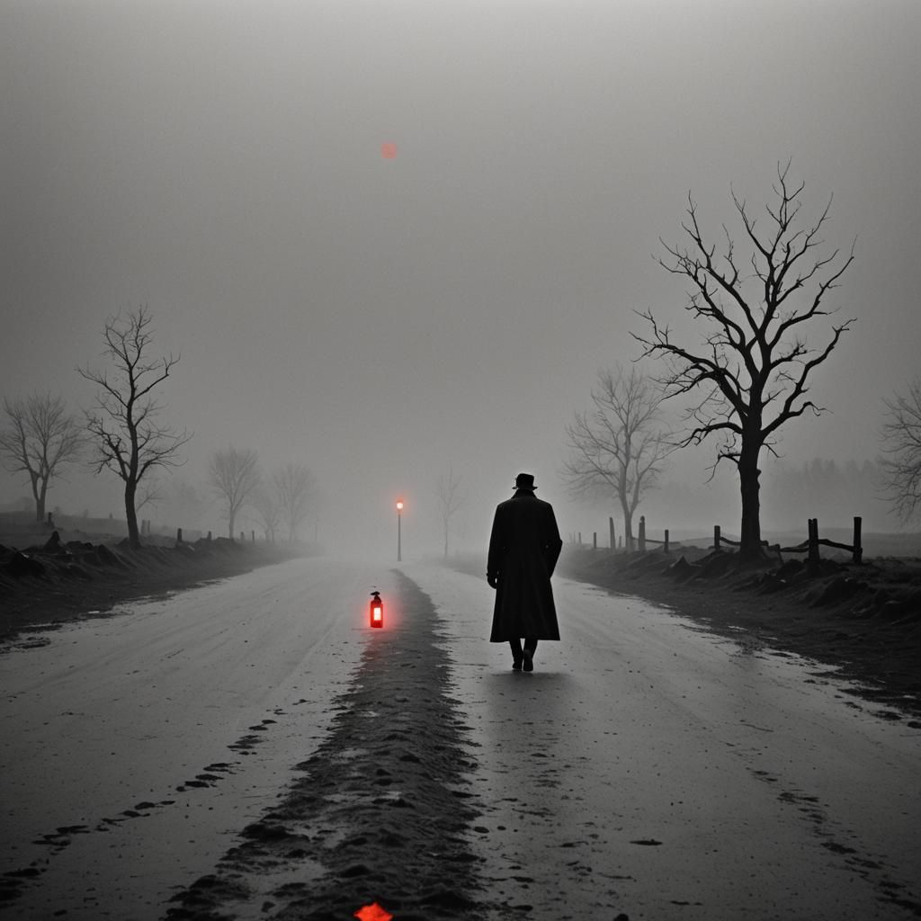 Monochrome Figure in Misty Landscape with Red Glow