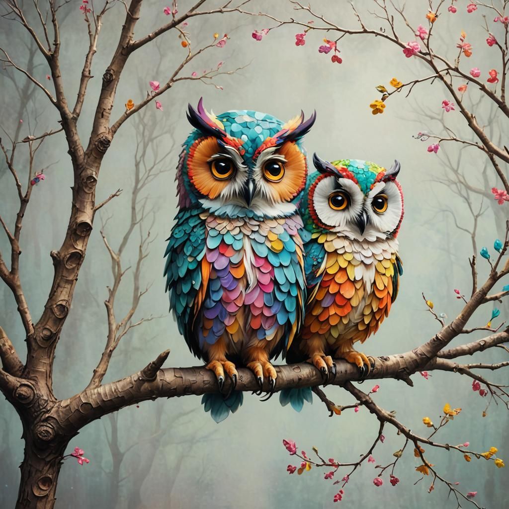 Cute Fluffy Owls on a Branch