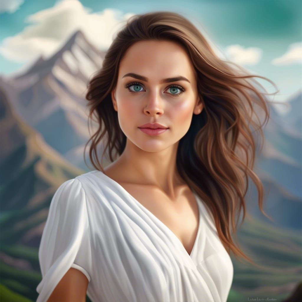 Girl in White Dress on Mountain: Photo Realistic Portrait
