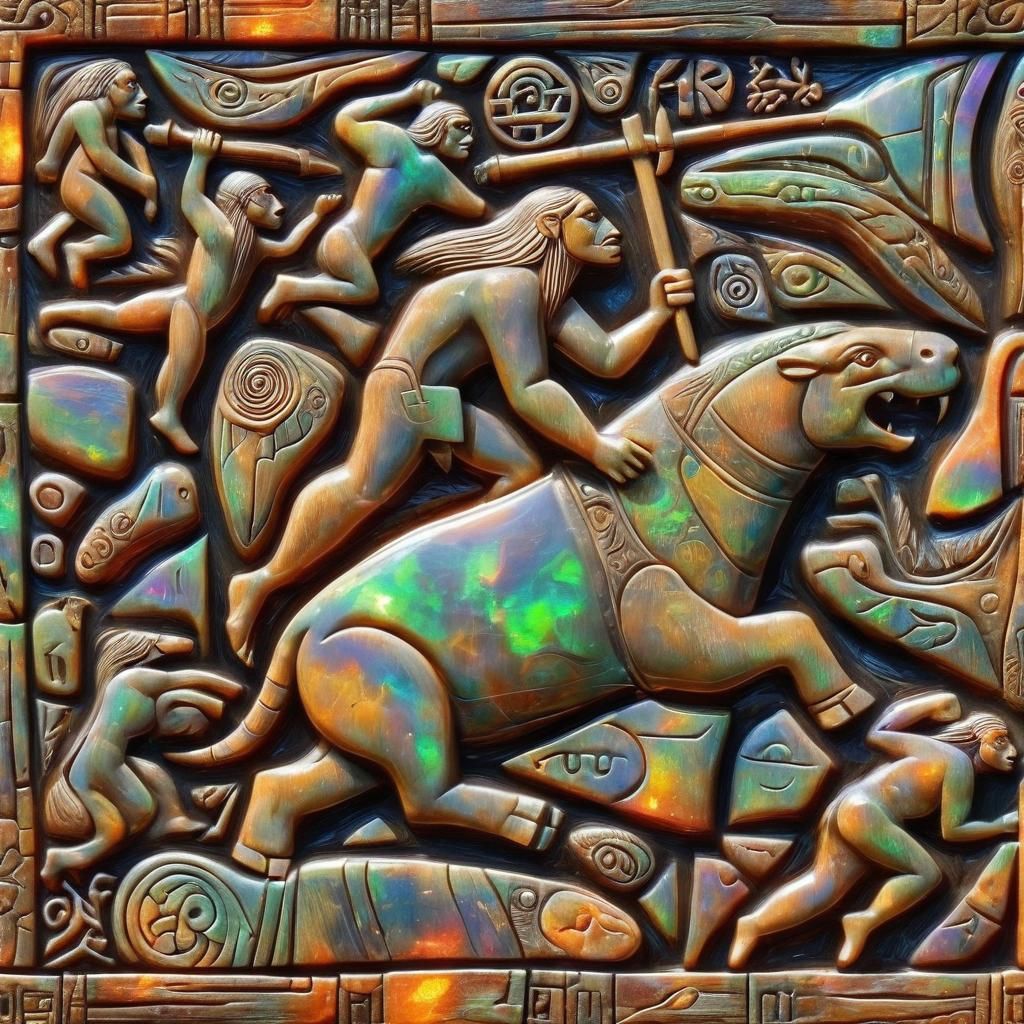 Prismatic Bas-Relief Carving of Apemen Hunting