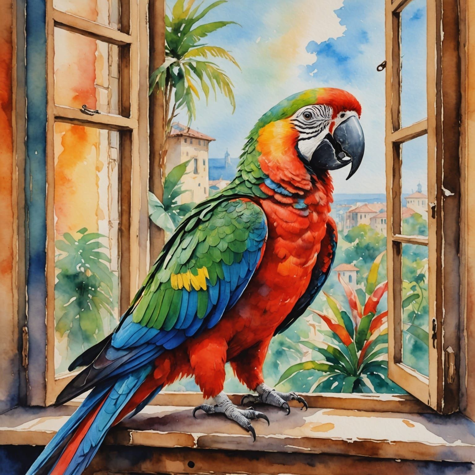 Parrot Sings by Window in Impressionist Gouache Style