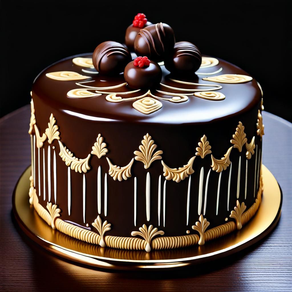 Delicious Chocolate Cake with Gold Plate in Rembrandt Lighti...