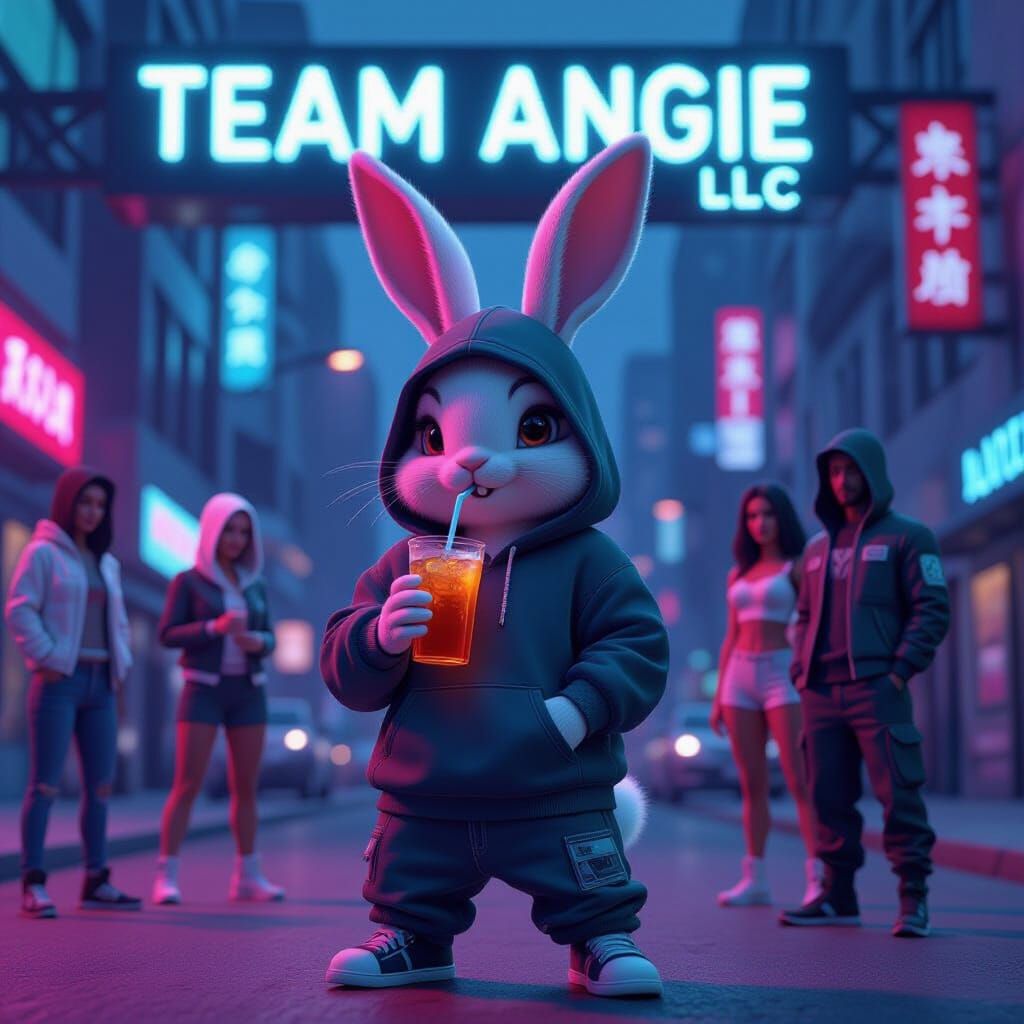 Hip Hop Bunny in Neon Cityscape: 3D Cyberpunk Art
