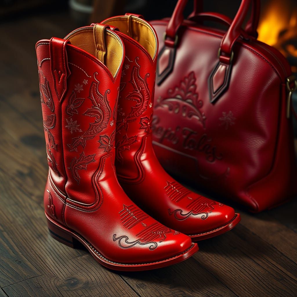 Vibrant Christmas Cowboy Boots with Matching Leather Handbag...