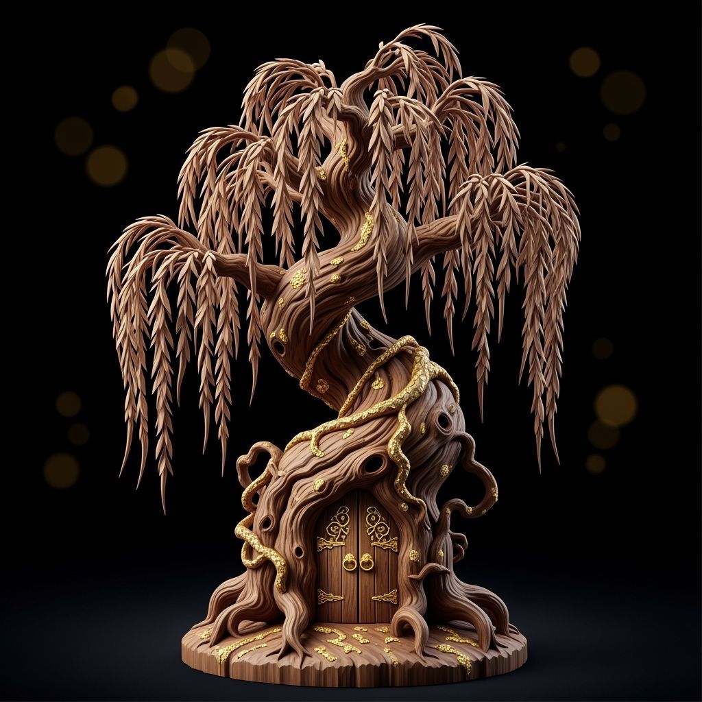 Gnarled Willow Tree Sculpture with Gold Inlays
