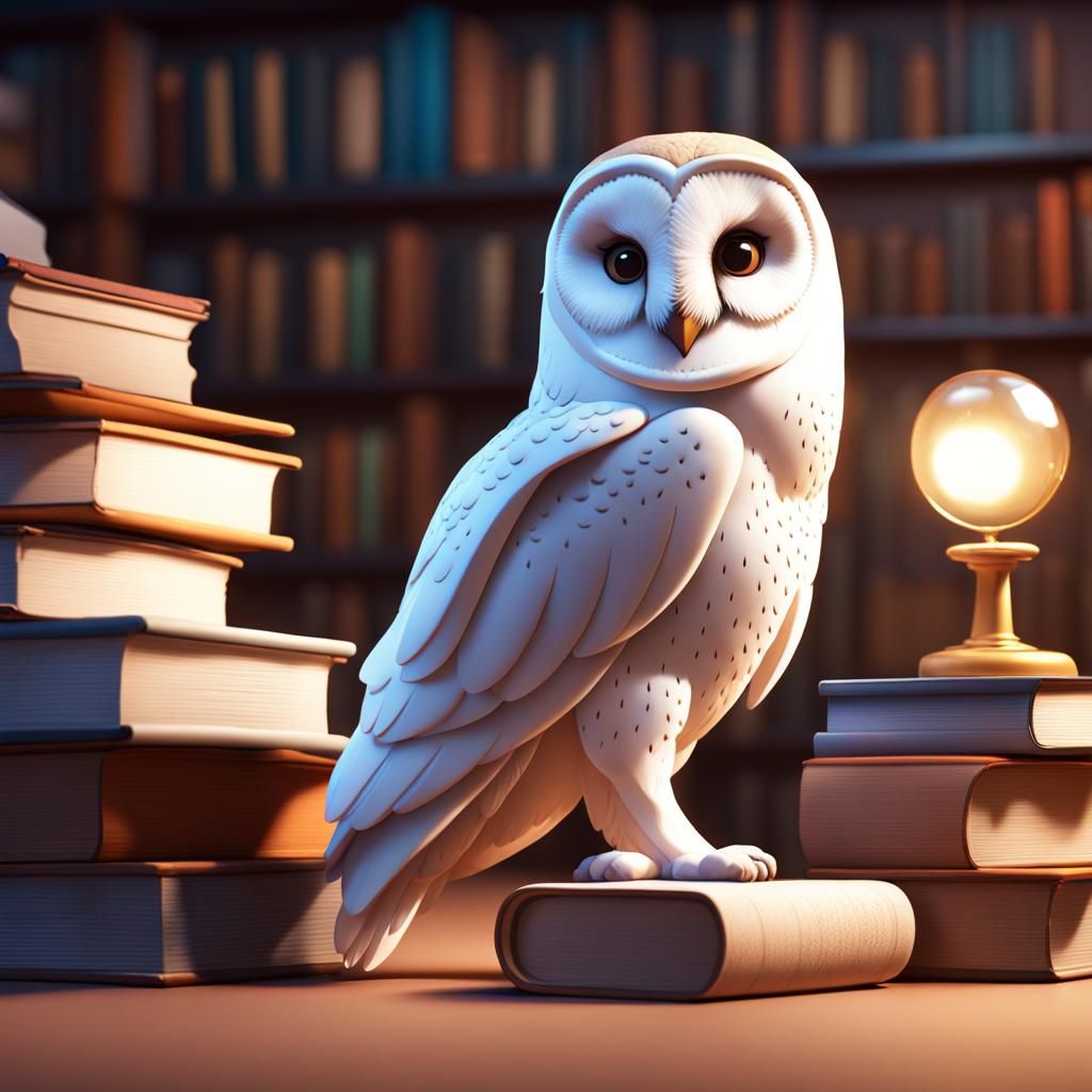 Hyperrealistic Owl Mix in Old Library, 3D Art