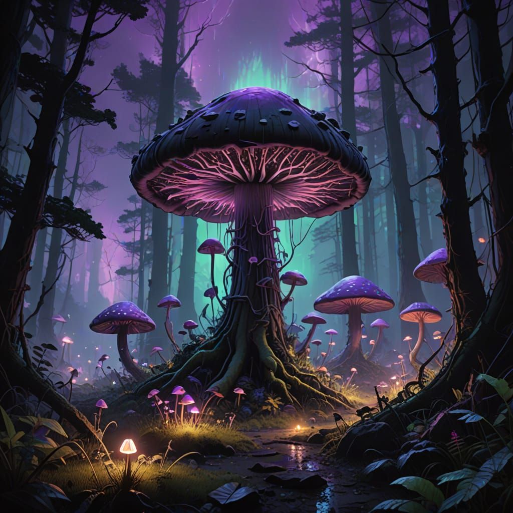 Vibrant Fluricent Mushroom Forest in Mystical Neon Light