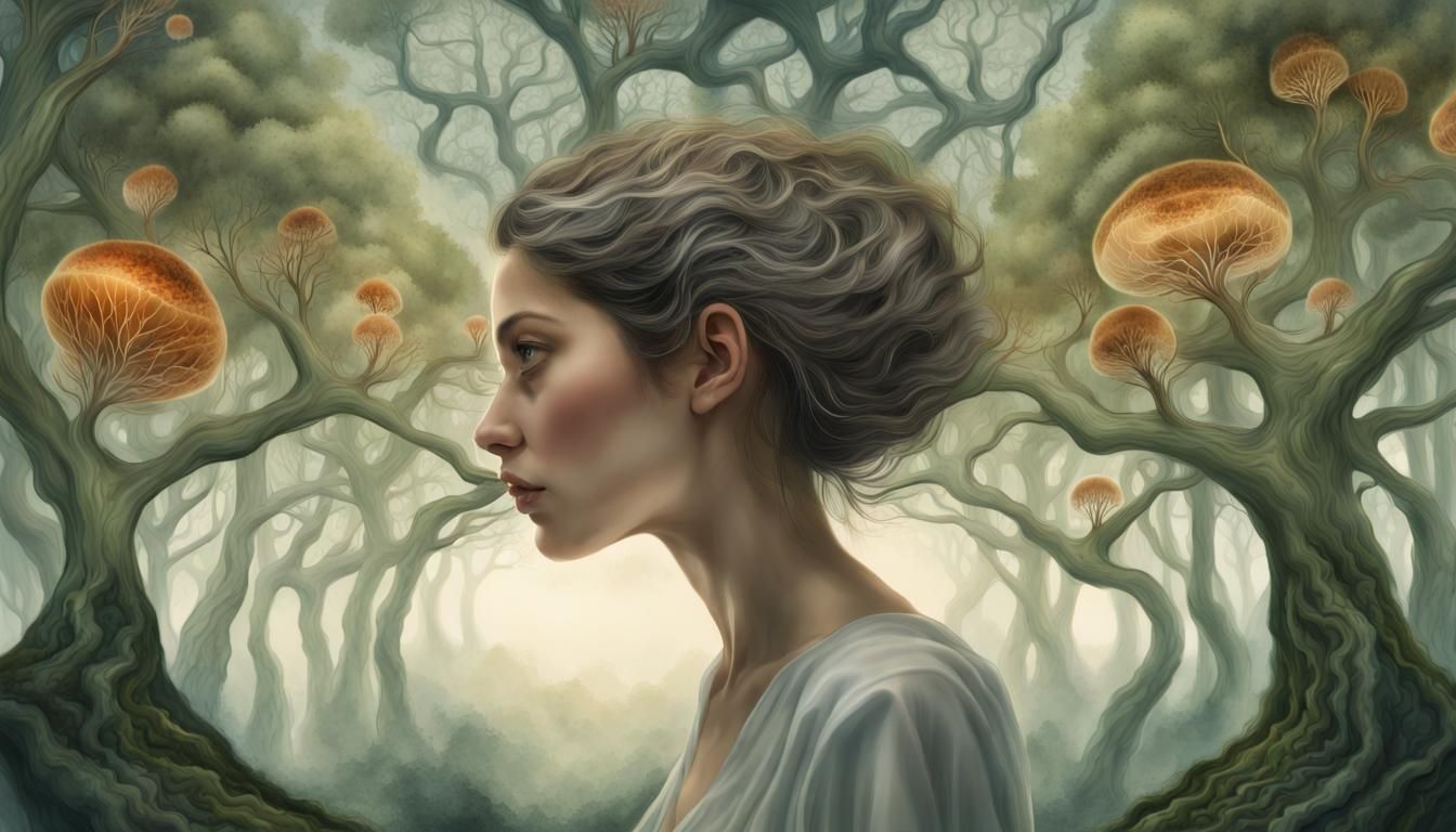 Woman in Mycelium Network Reflection: Watercolor Art