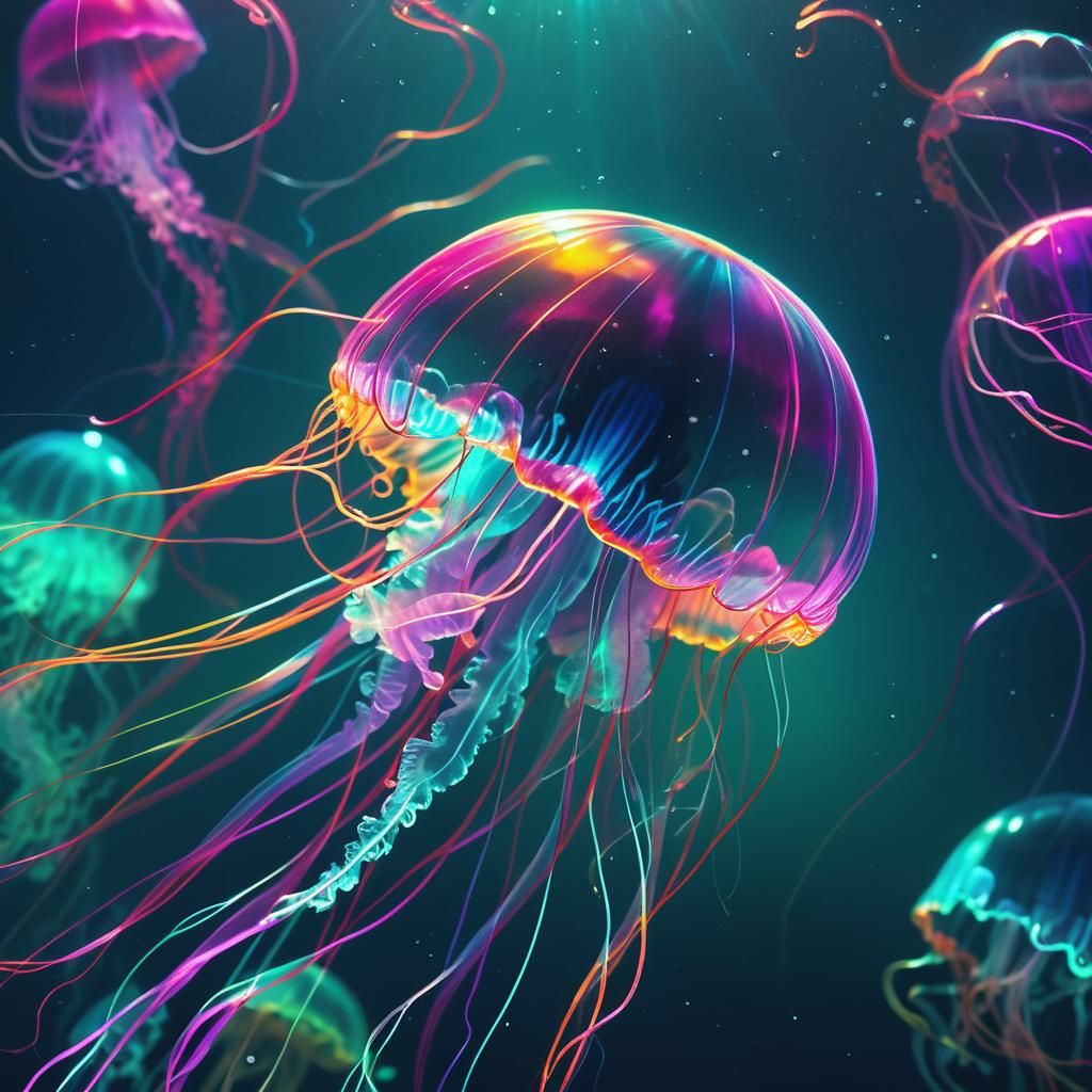 Synthwave Jellyfish with Neon Glow in Retro Ocean