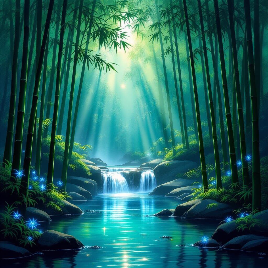 Tranquil Bamboo Forest Waterfall at Dawn