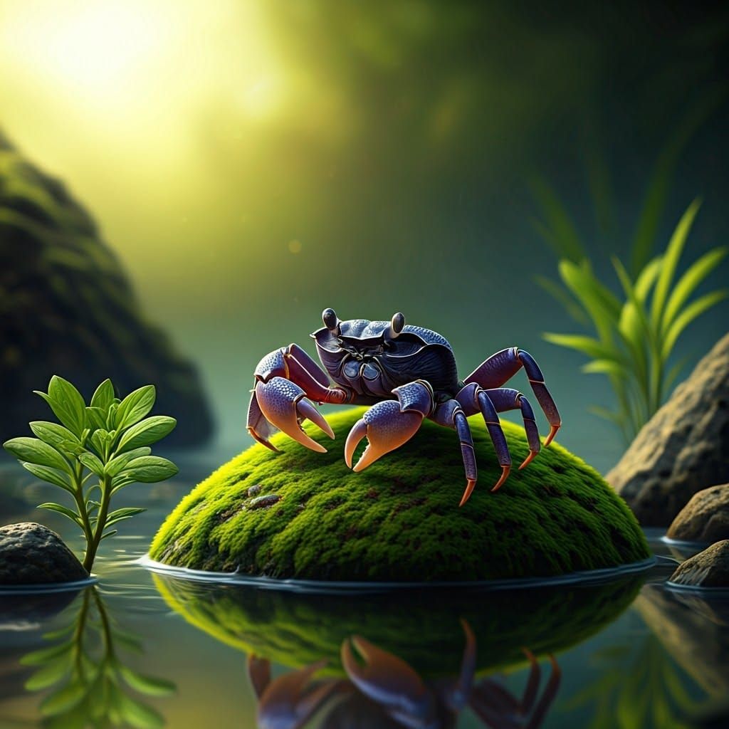 Vampire Crab on Mossy Rock, Impressionistic Underwater Scene