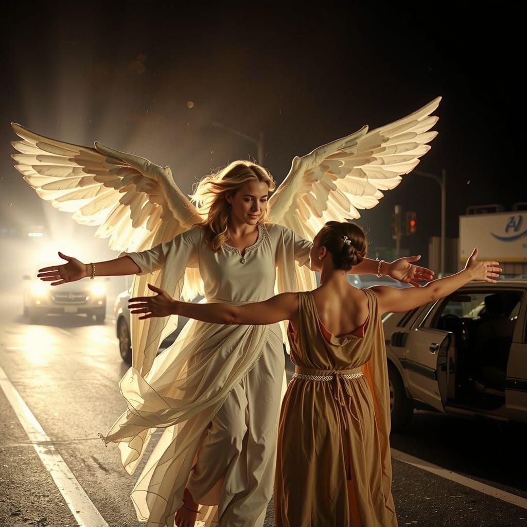 Angel of Mercy Amidst Wreckage in Photorealistic Cinematogra...