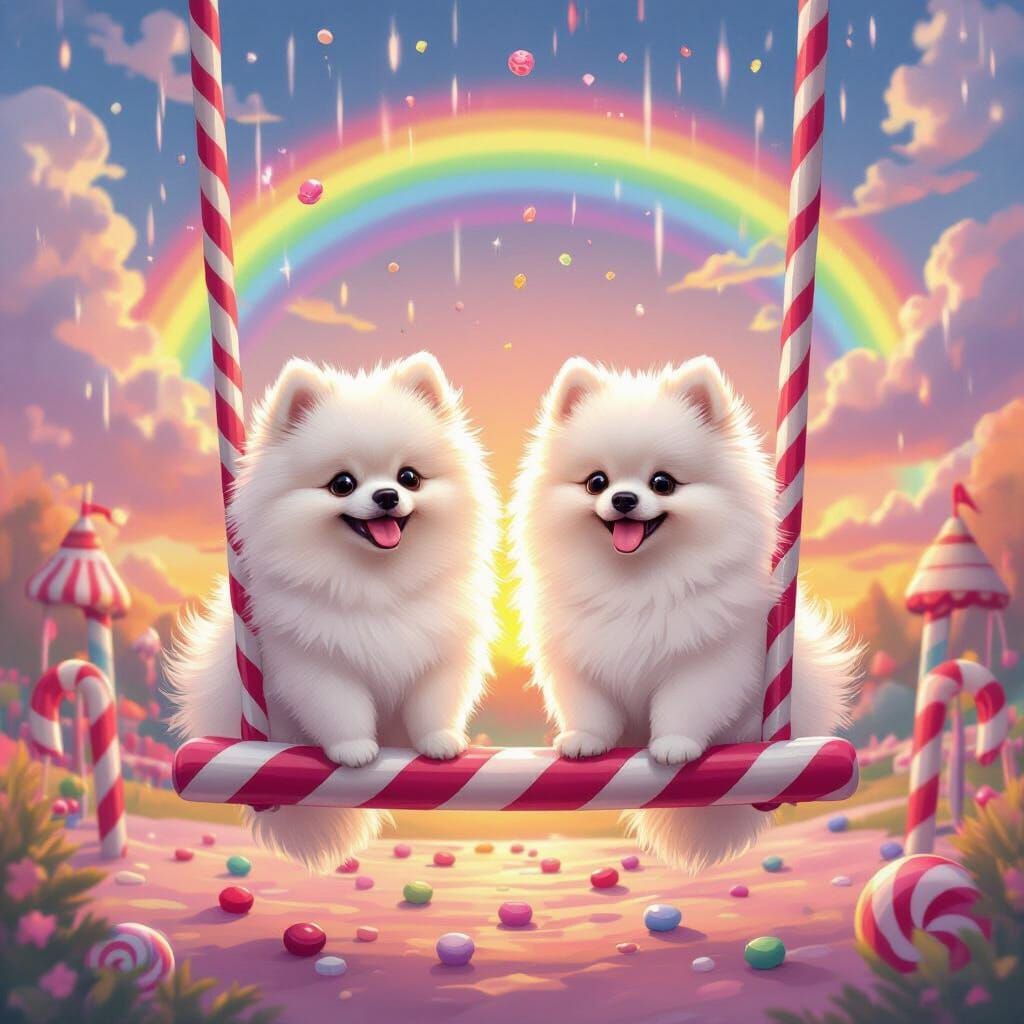 Fluffy Pomeranians on Candy Cane Swing at Rainbow Playground