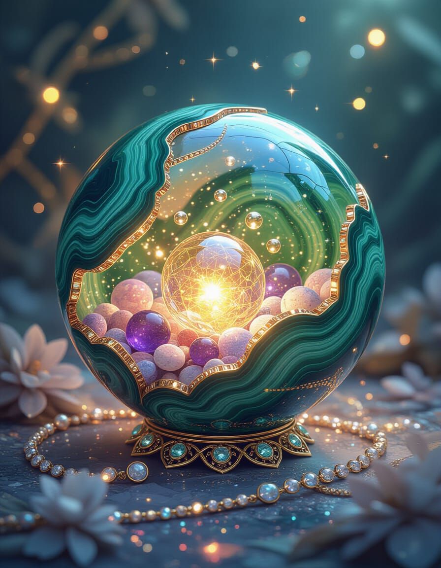 Malachite Sphere with Luminescent Lights and Jewelry Element...