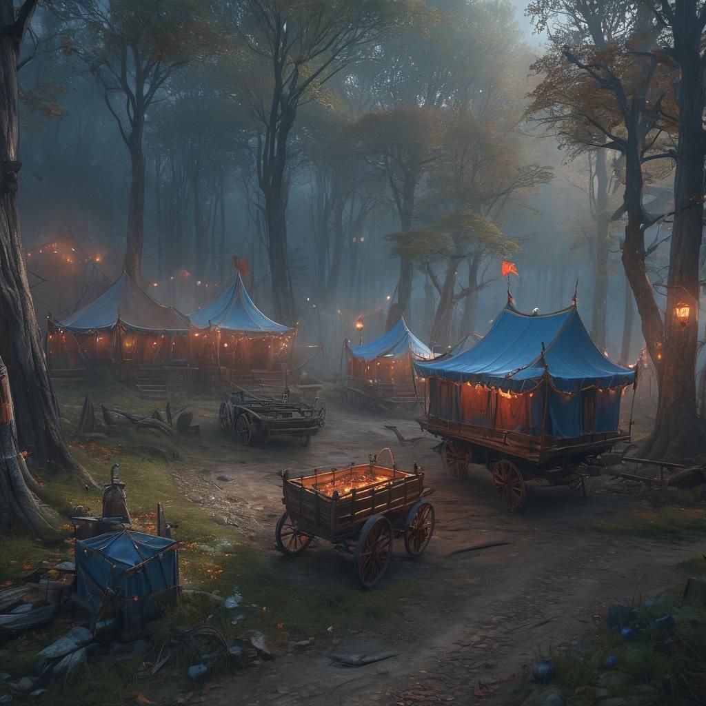 Medieval Circus in Misty Forest: Digital Matte Painting