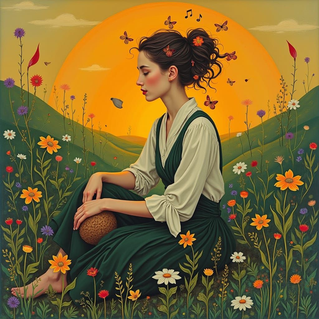 Dreamlike Self-Portrait with Sunset and Nature Symbols