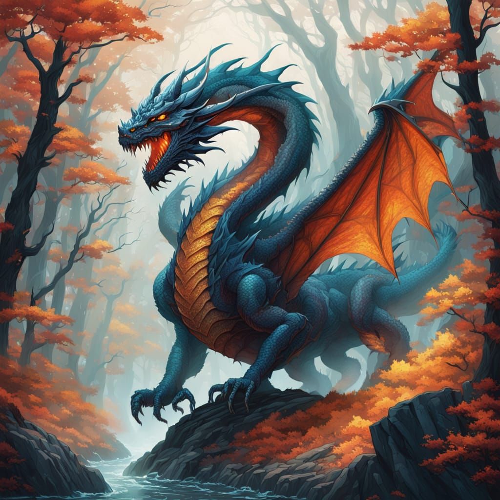Vibrant Comic Dragon in Misty Autumn Forest
