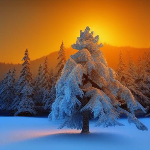 Glowing Blue Tree in Snowy Mountain Sunset