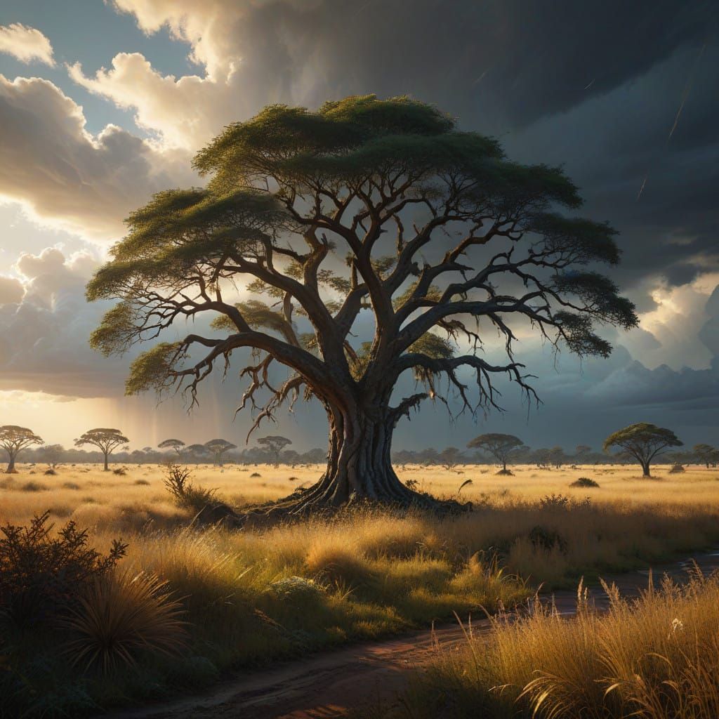 Majestic Savannah Landscape with Thunderstorm Skies