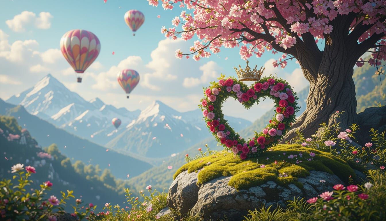 Mossy Rock Holds Heart Wreath Amidst Blossoms and Hot Air Ba...