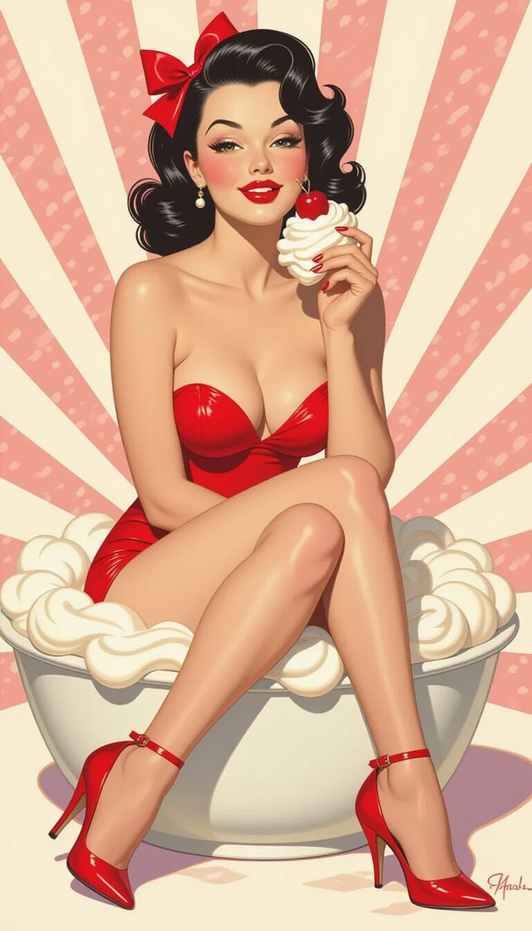 Pinup Model with Cherry, in Style of Olivia De Berardinis
