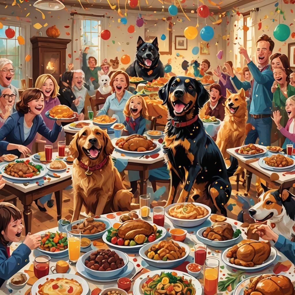 Whimsical Thanksgiving Dinner Chaos Illustration