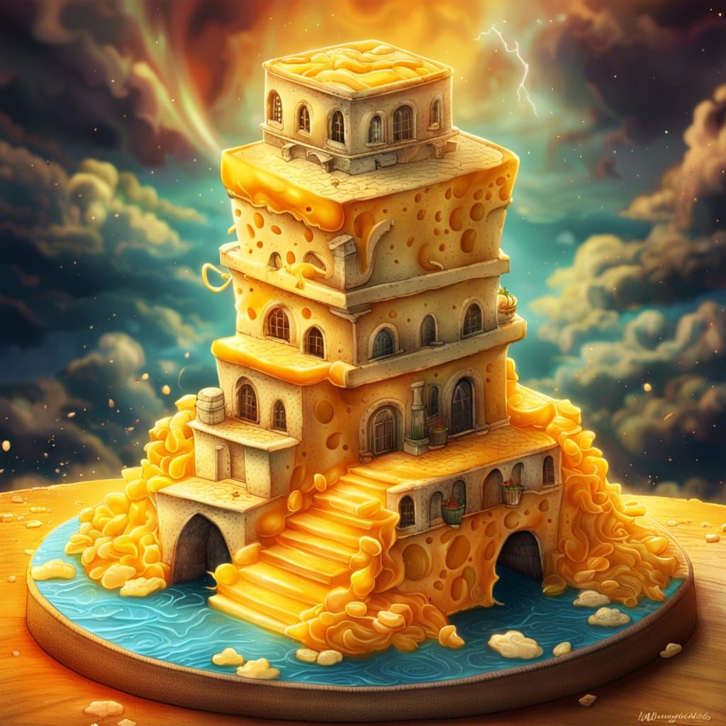 an impossible building made completely out of cheese, fantasy, various types of cheese,
