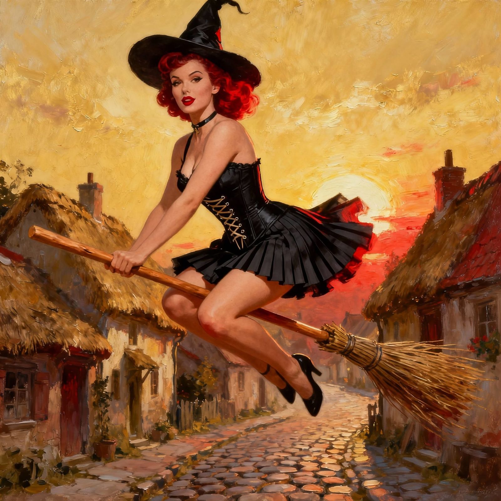 1950s Pinup Witch Rides Broom Over Village