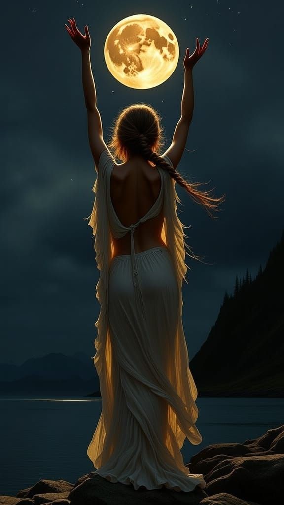 Ethereal Woman on Rocky Shore in Art Nouveau Style