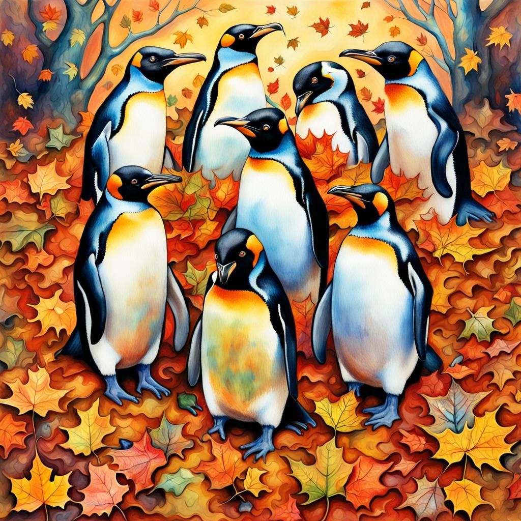 Surreal Penguins in Autumnal Galactic Diorama