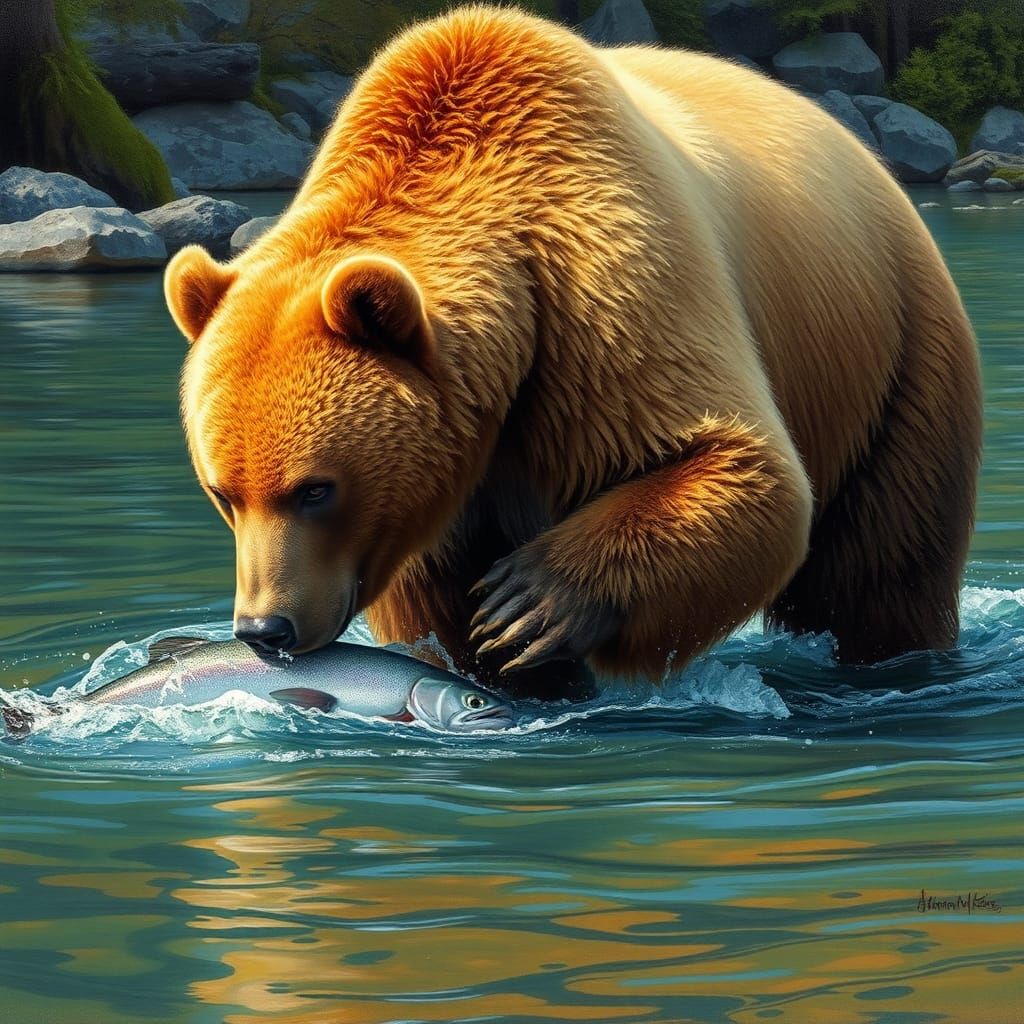 Grizzly Bear Catching Salmon in Wildlife Art Style