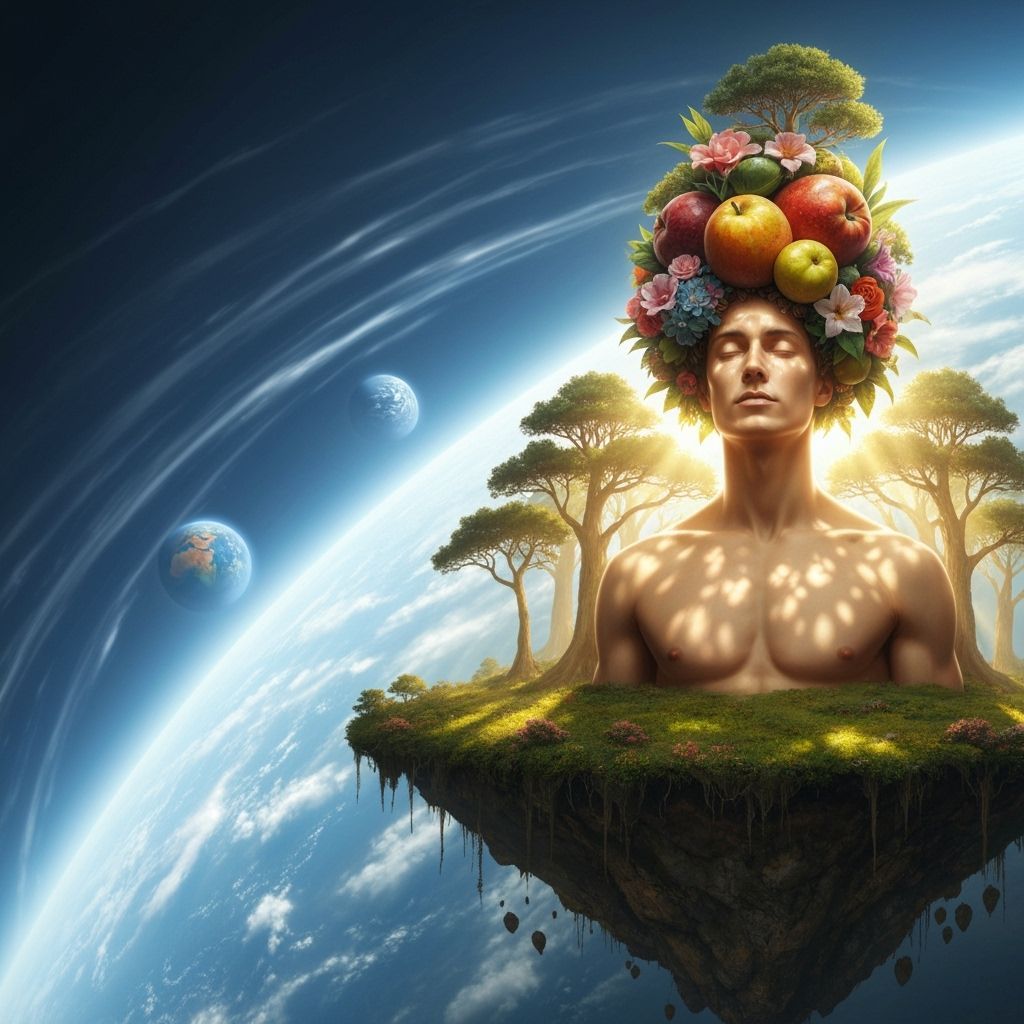 Mythic Figure on Floating Isle Amidst Atmospheric Winds