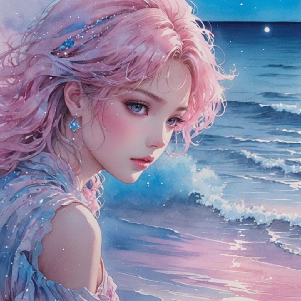 Pink Sand Beauty on Magical Beach in 80s Anime Style