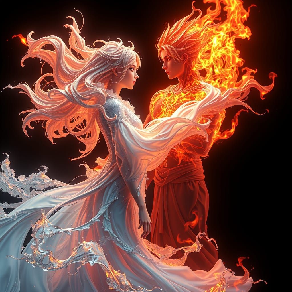 Water Woman and Fire Man in Anime Style