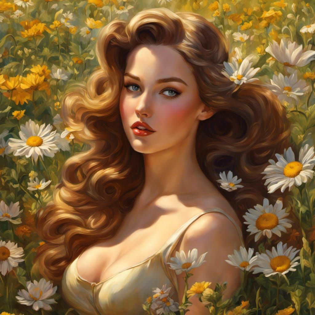 Voluptuous Nymph in Flower Field: Gil Elvgren Style